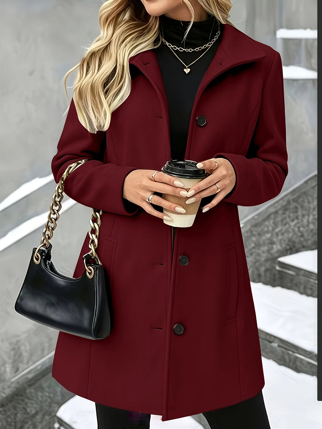 Women’s longline wool coat with notch collar, single-breasted, burgundy, button front