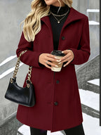 Women’s longline wool coat with notch collar, single-breasted, burgundy, button front