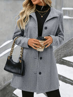 Women’s longline wool coat with notch collar, single-breasted, grey, button-down placket