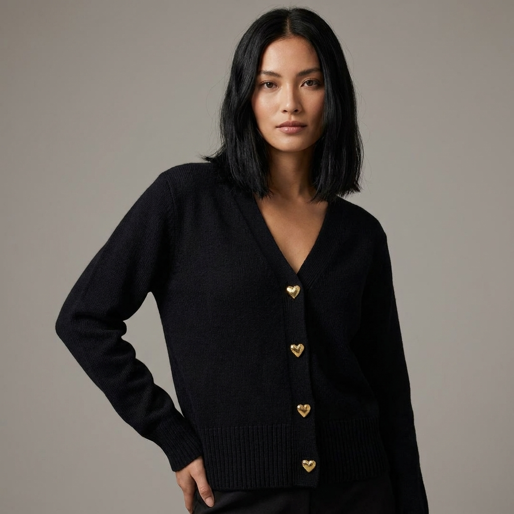 Black V-neck button-front knit cardigan with gold heart buttons and ribbed hem cuffs