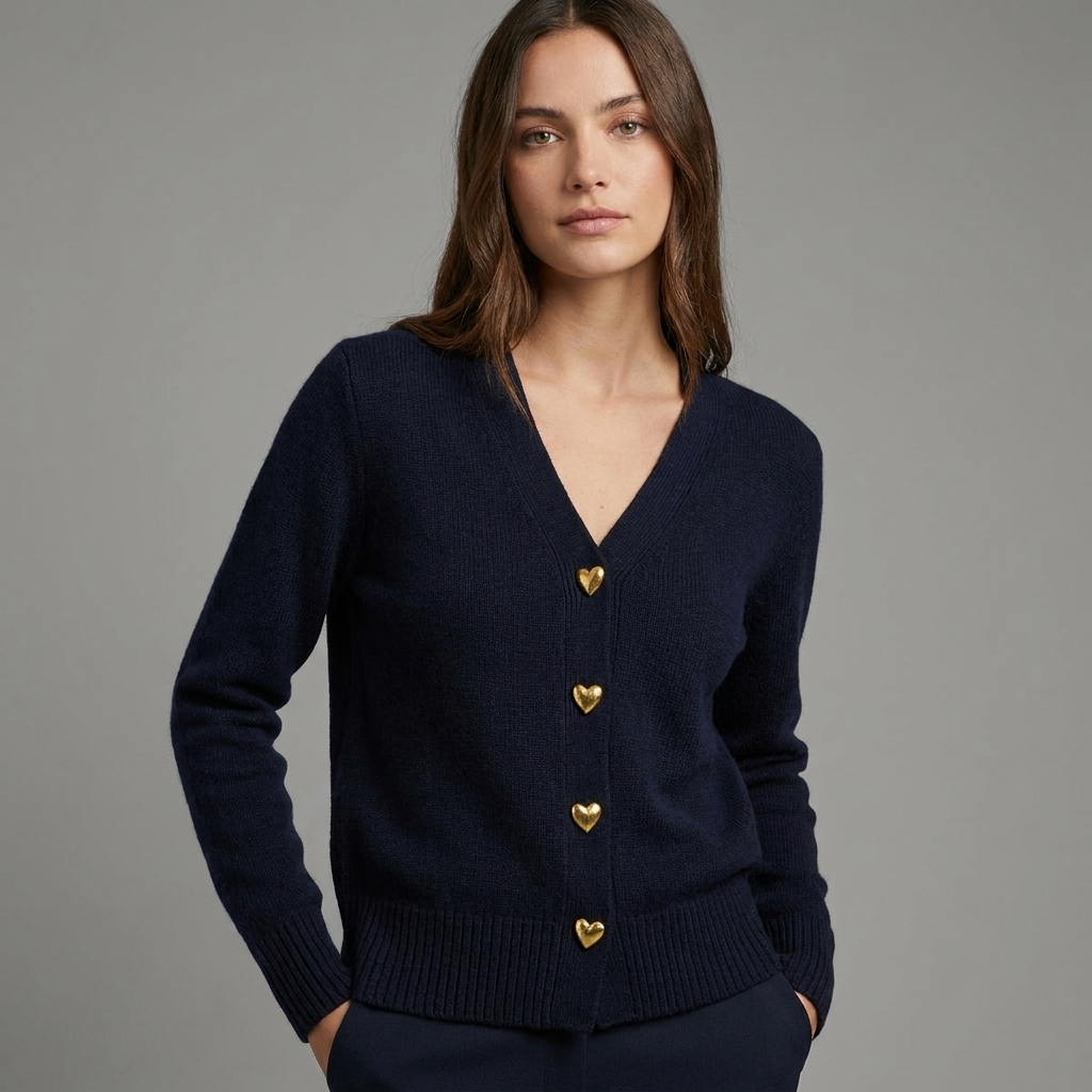 Navy V-neck button-front knit cardigan with gold heart buttons and ribbed waistband cuffs