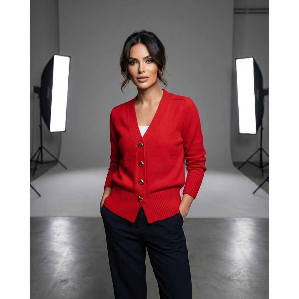 Red women's v-neck button-front knit cardigan with long sleeves and ribbed cuffs