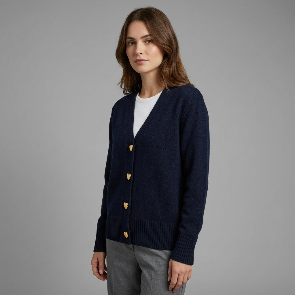 Navy V-neck button-front knit cardigan with gold heart buttons and ribbed knit trim