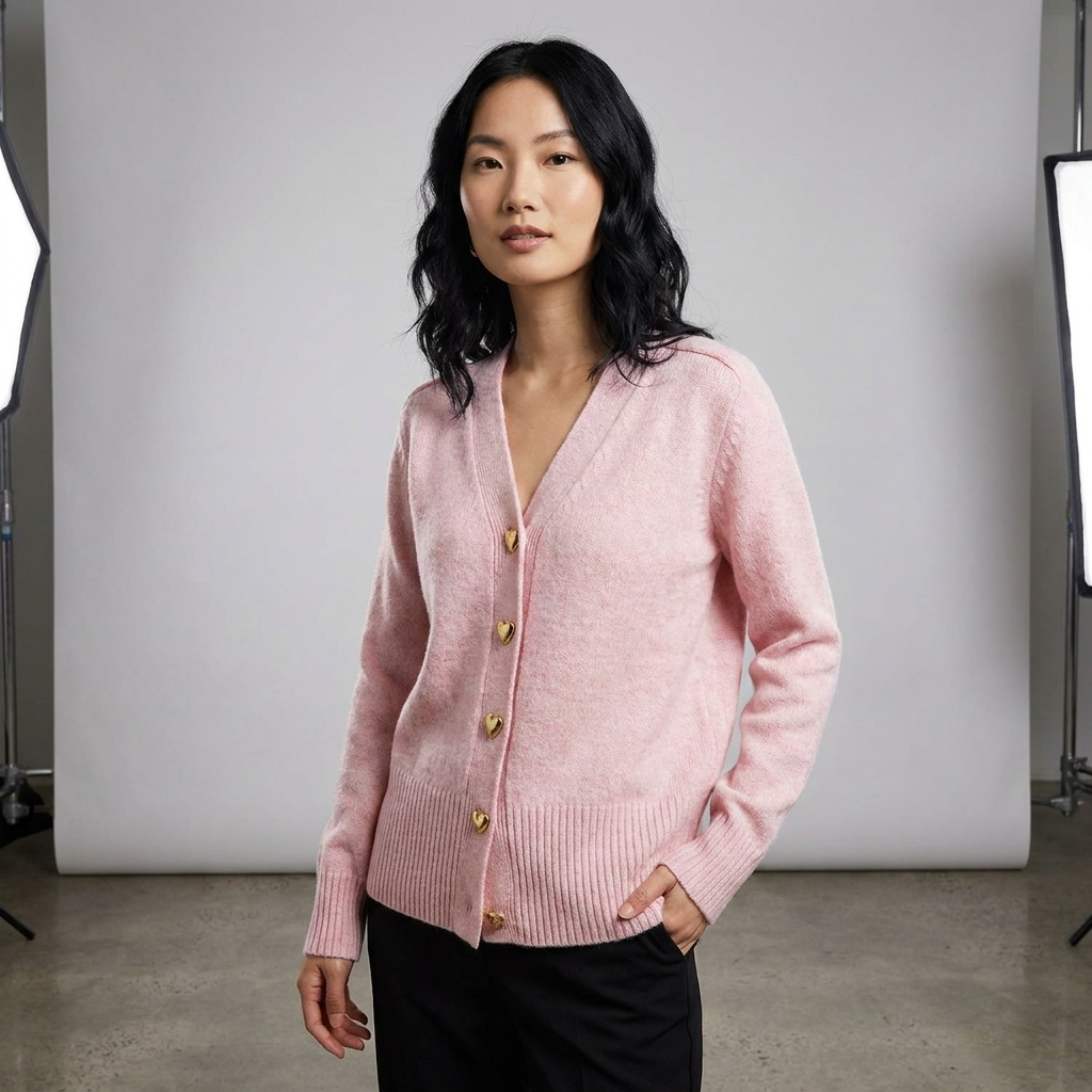 Pink V-neck button-front knit cardigan with gold heart buttons and ribbed hem and cuffs