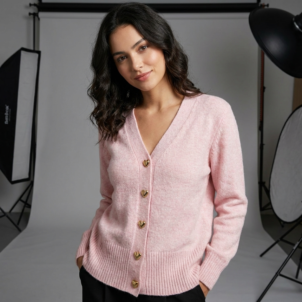 Pink V-neck button-front knit cardigan with gold heart buttons and ribbed cuff detail