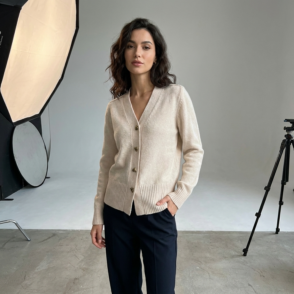 Beige V-neck button-front knit cardigan with gold button detail and ribbed cuffs hem
