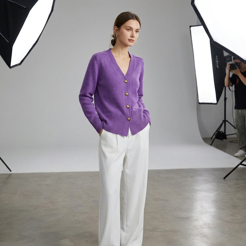 Purple V-neck button-front knit cardigan with gold heart buttons and ribbed hem cuffs