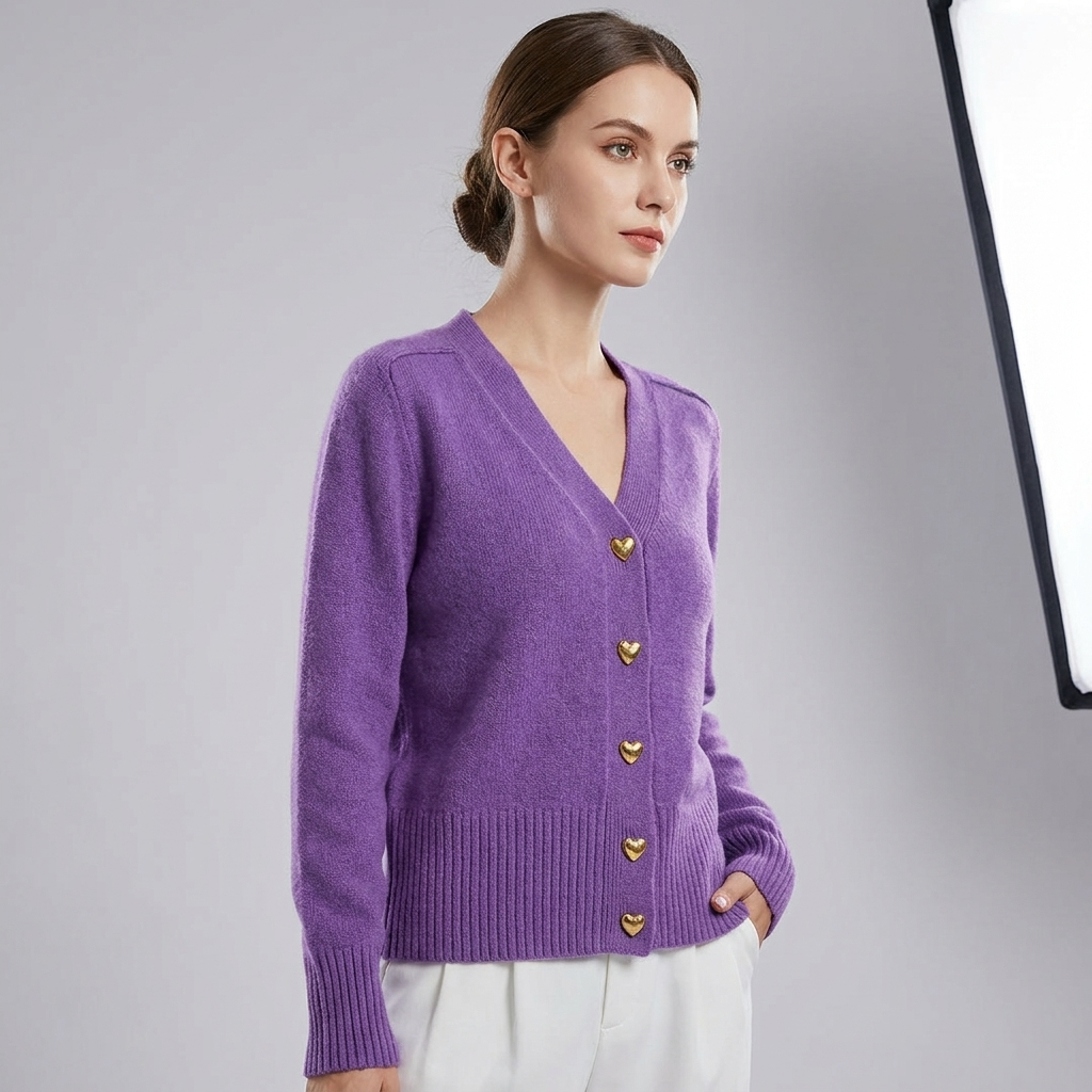 Purple V-neck button-front knit cardigan with gold heart buttons and ribbed waistband hem