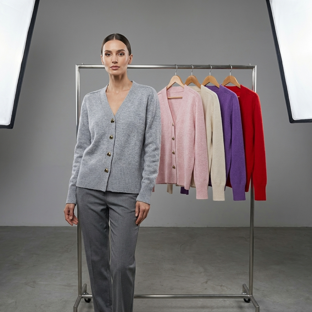 Grey V-neck button-front knit cardigan with gold button detail and ribbed cuffs hem