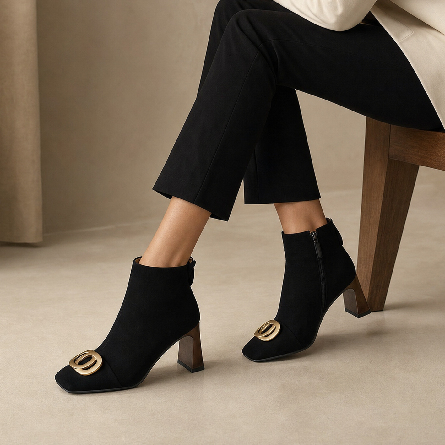 Black velvet ankle boots worn with black outfit; gold O-ring buckle and block heel