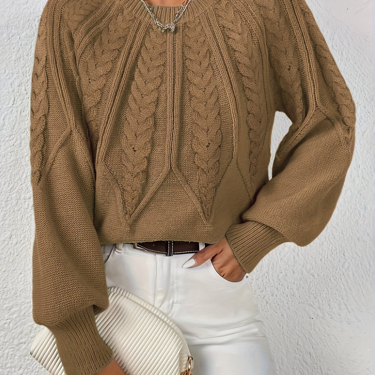 Khaki cable knit sweater with voluminous sleeves, textured cable diamond pattern, zip neck