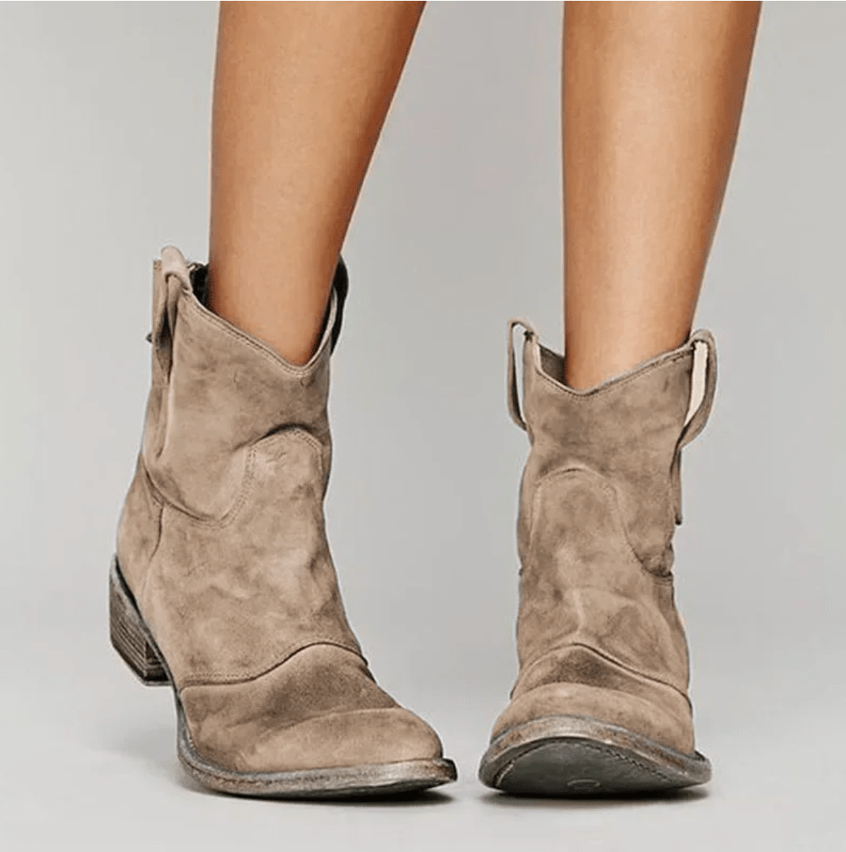 Taupe suede western ankle boots with stacked block heel and pull tabs
