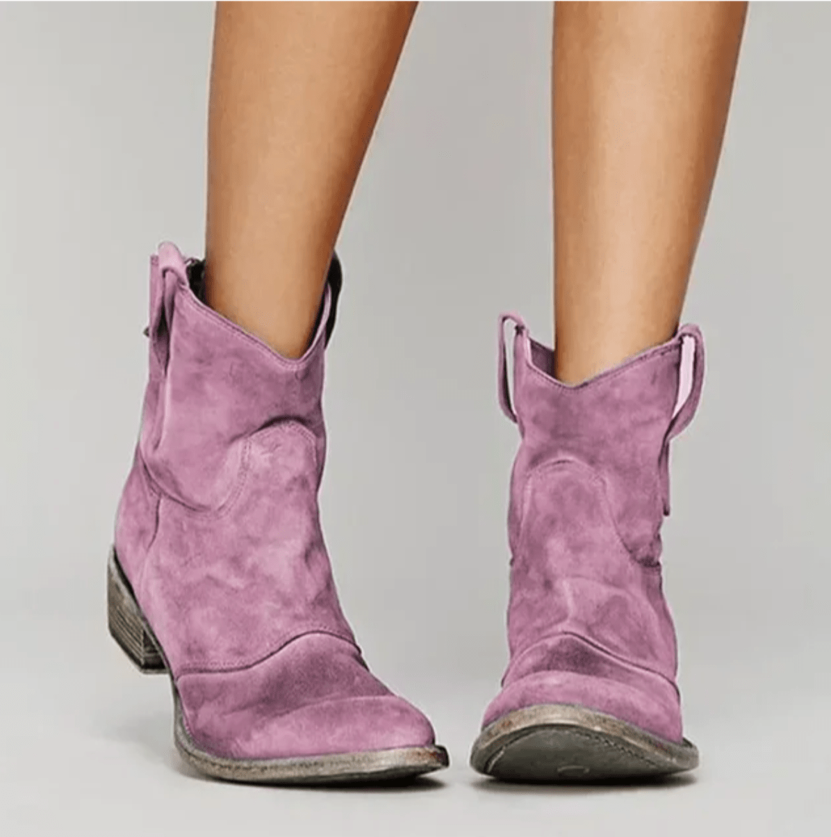Purple suede western ankle boots with stacked block heel and pull tabs