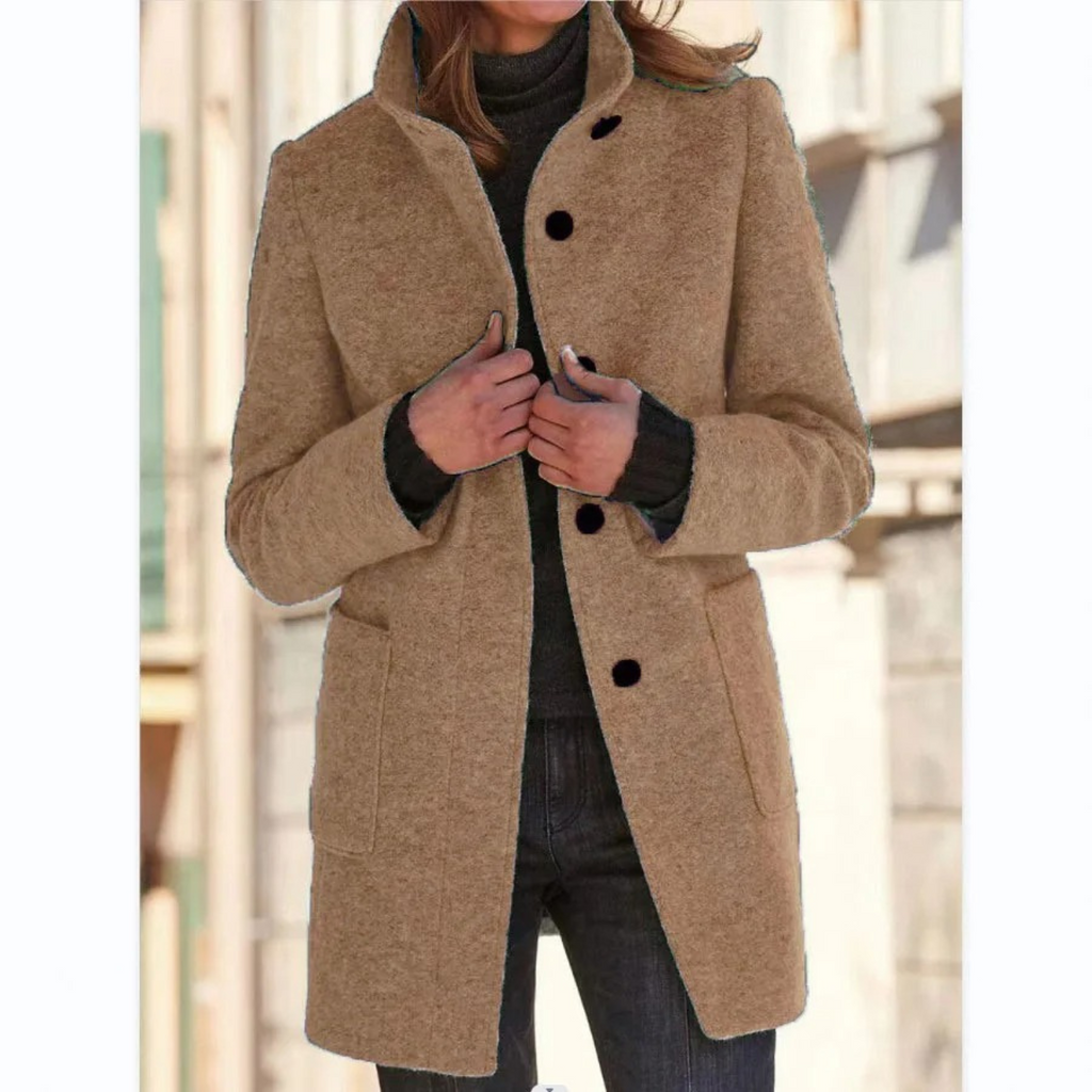 Women’s brown stand-collar winter coat with button front and side pockets.