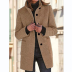 Women’s brown stand-collar winter coat with button front and side pockets.