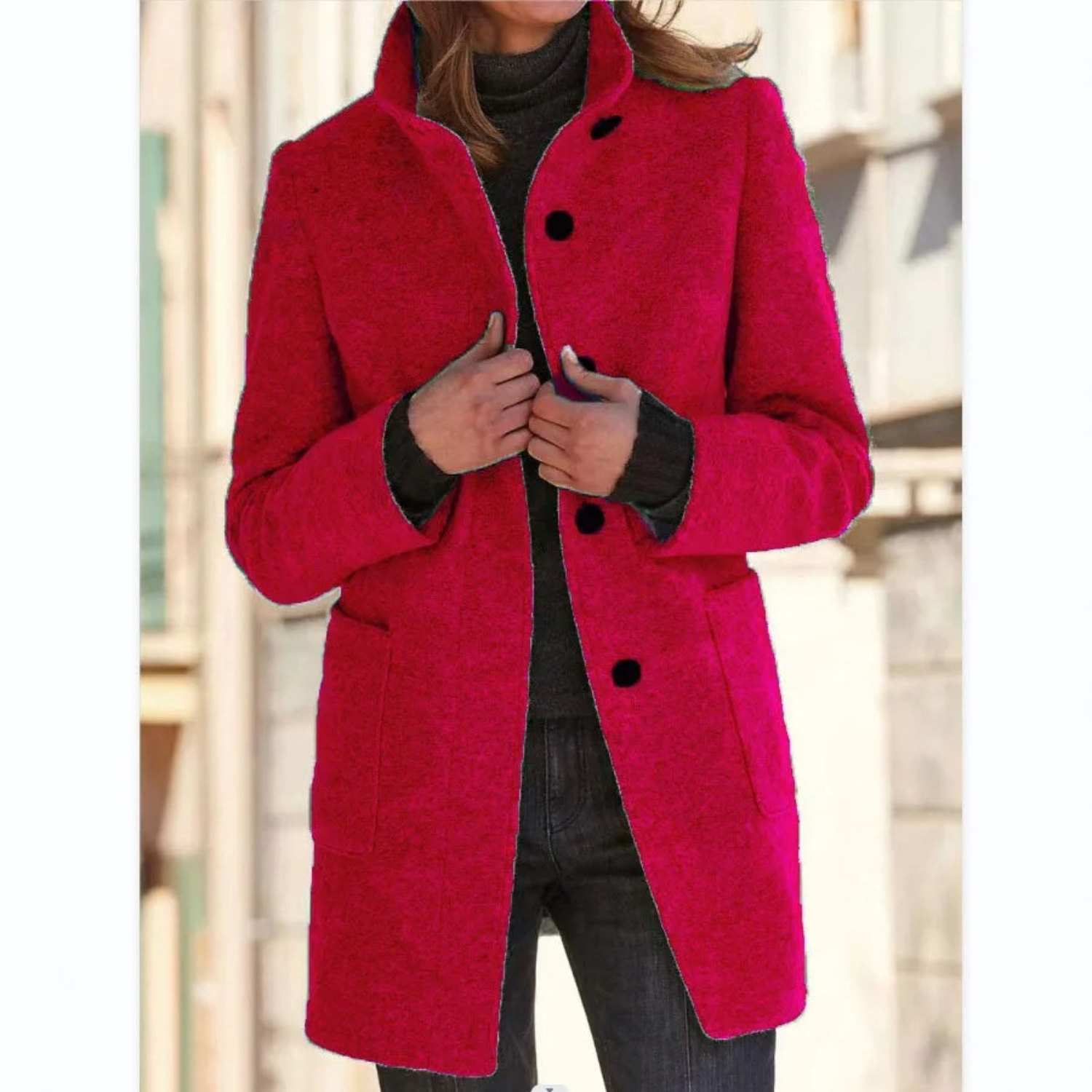 Women’s red stand-collar winter coat with button front and side pockets.