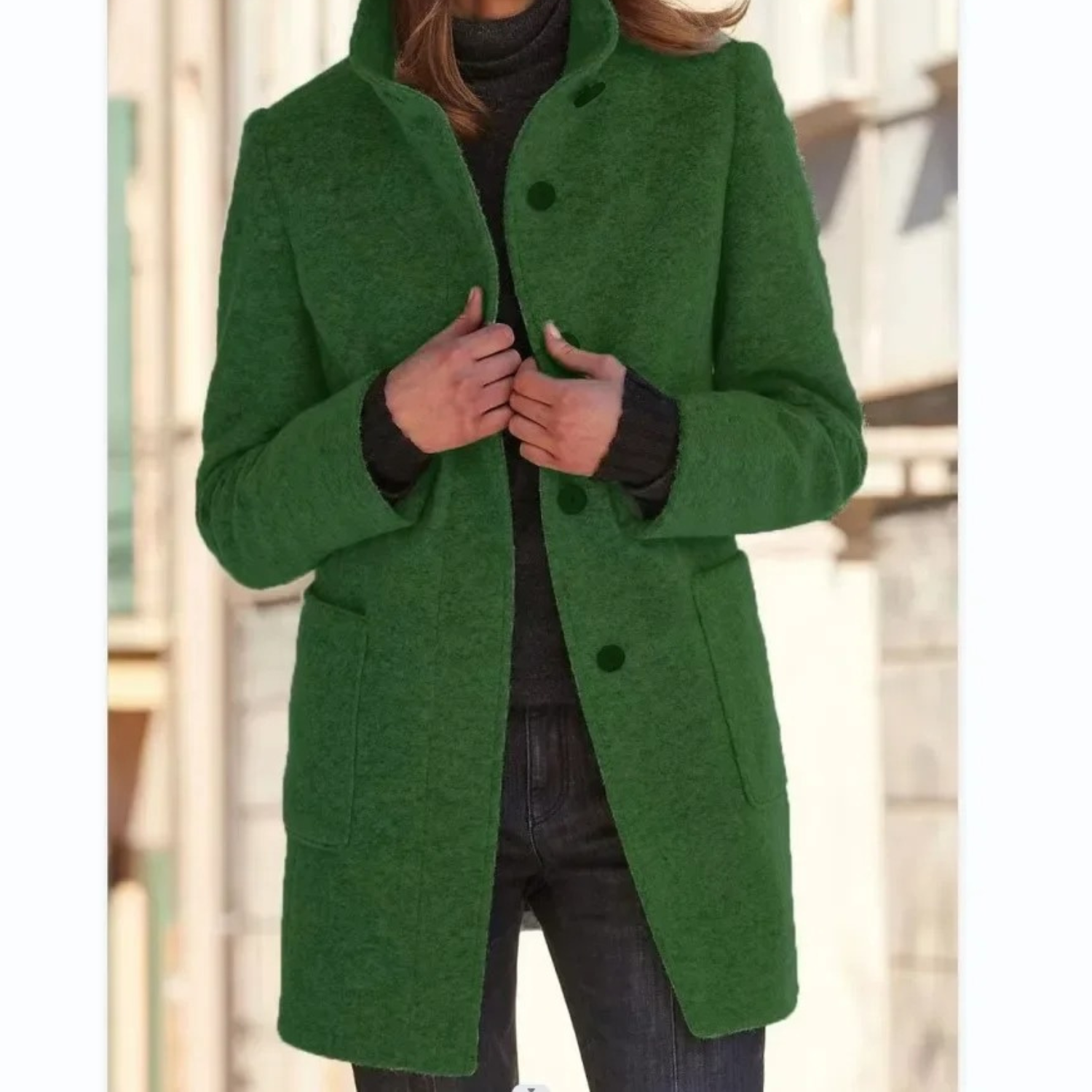 Women’s dark green stand-collar winter coat with button front and side pockets.