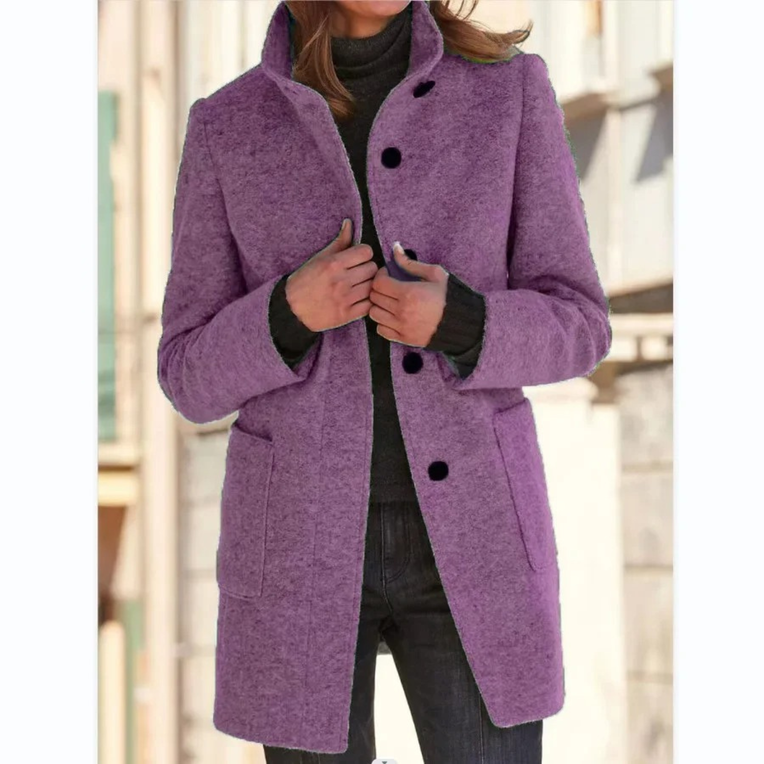 Women’s purple stand-collar winter coat with button front and side pockets.