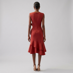 Red sleeveless asymmetric draped midi dress, scoop back and flared layered hem