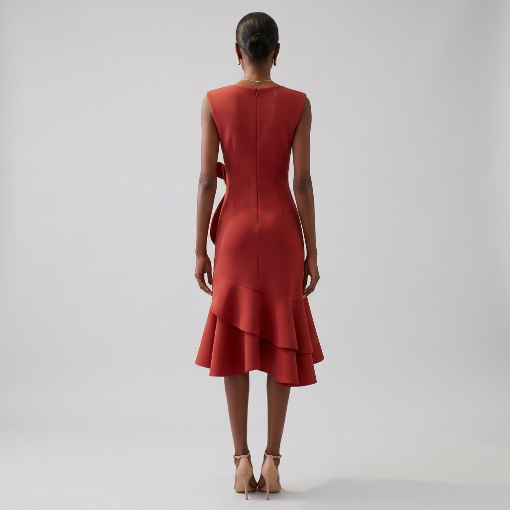 Red sleeveless asymmetric draped midi dress, scoop back and flared layered hem