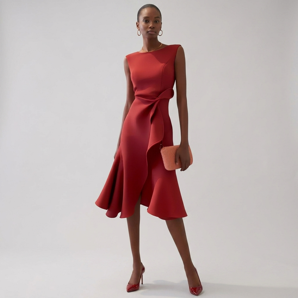 Red sleeveless asymmetric draped midi dress with waist knot and layered ruffle hem