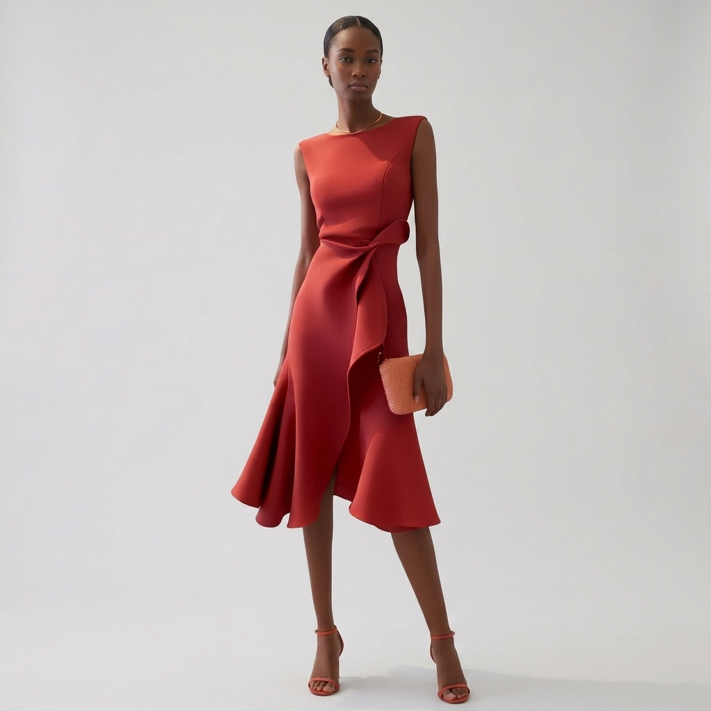 Red sleeveless asymmetric draped midi dress with waist knot and layered flared hem