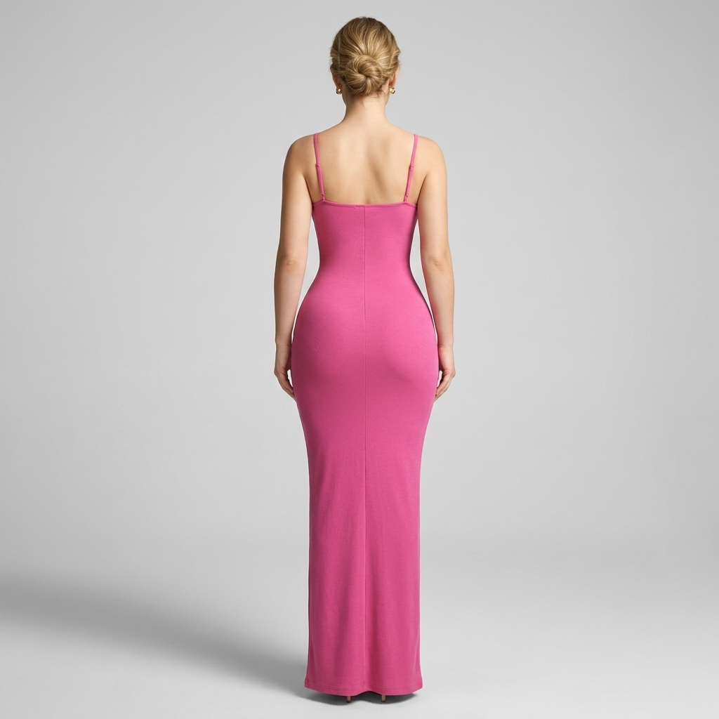 Pink fitted maxi dress with spaghetti straps, racerback style, long column silhouette.