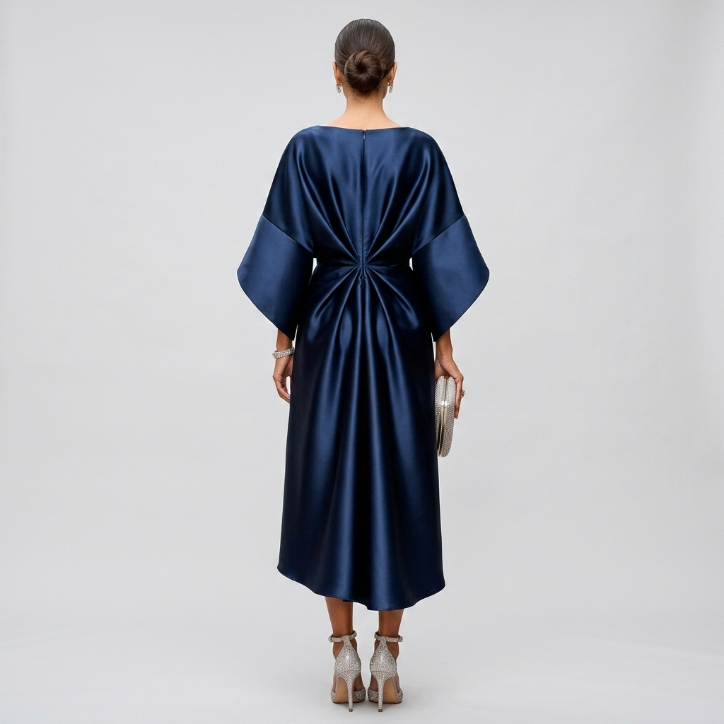 Navy cape-sleeve maxi dress with draped knot detail at back