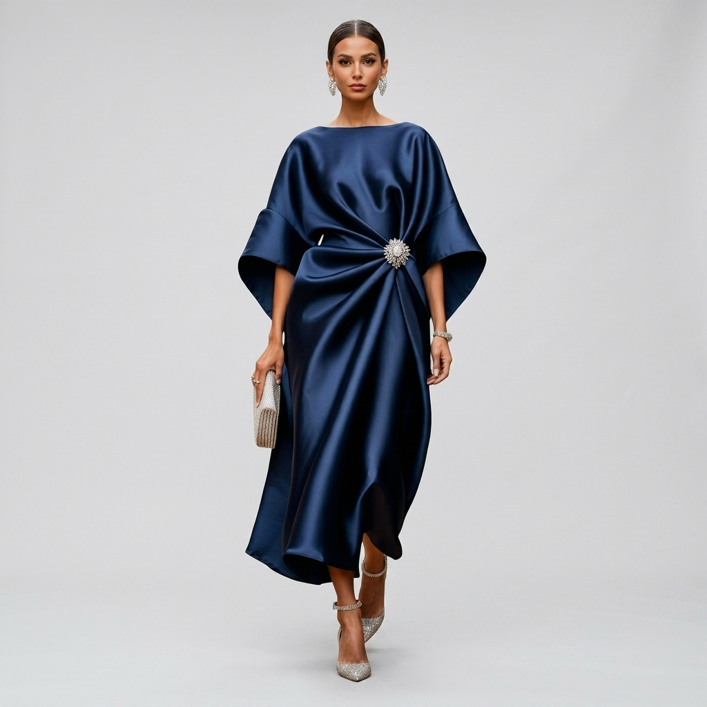Navy satin cape-sleeve maxi dress with round neckline and silver crystal brooch