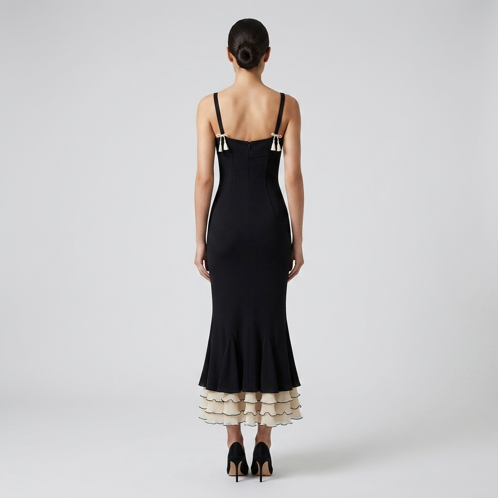 Black fishtail midi dress back view with spaghetti straps and layered ruffle hem