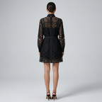 Black lace mini shirt dress back view with long sleeves and waist tie.