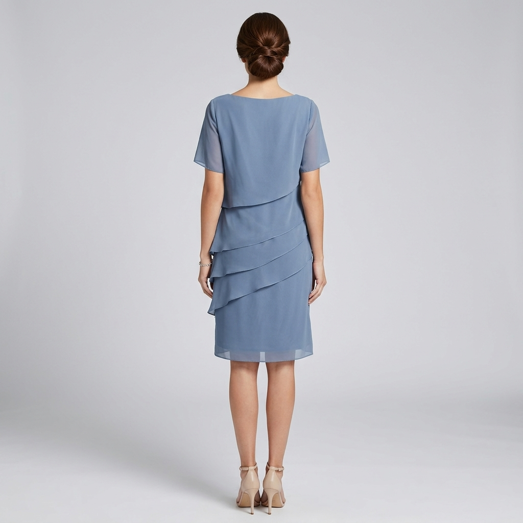 Women's layered chiffon midi dress in blue, back view, short sleeves, layered ruffles