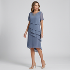 Women's layered chiffon midi dress in blue, scoop neck, asymmetrical layered ruffles
