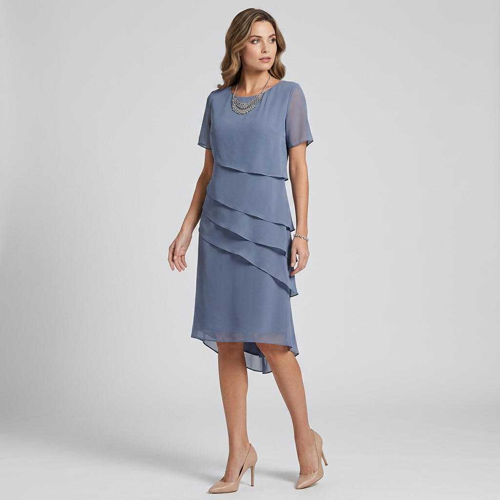Women's layered chiffon midi dress in blue, scoop neck, asymmetrical layered ruffles