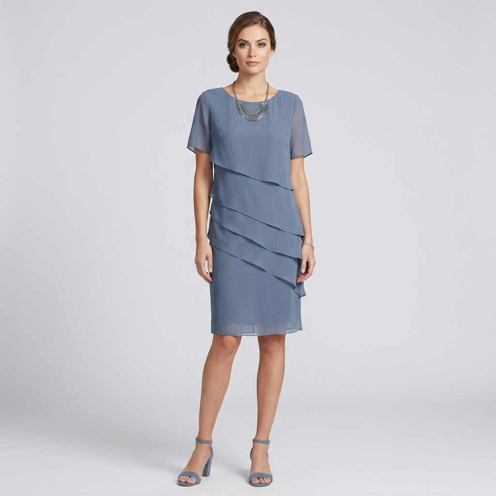 Women's layered chiffon midi dress in blue, short sleeves, layered ruffle front