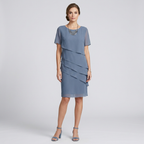 Women's layered chiffon midi dress in blue, short sleeves, layered ruffle front