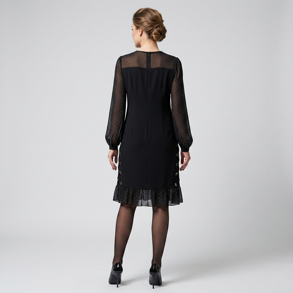 Black long sleeve shift dress, back view, sheer floral sleeves and layered ruffle hem