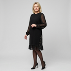 Black long sleeve shift dress with floral print sheer sleeves, midi A-line hem