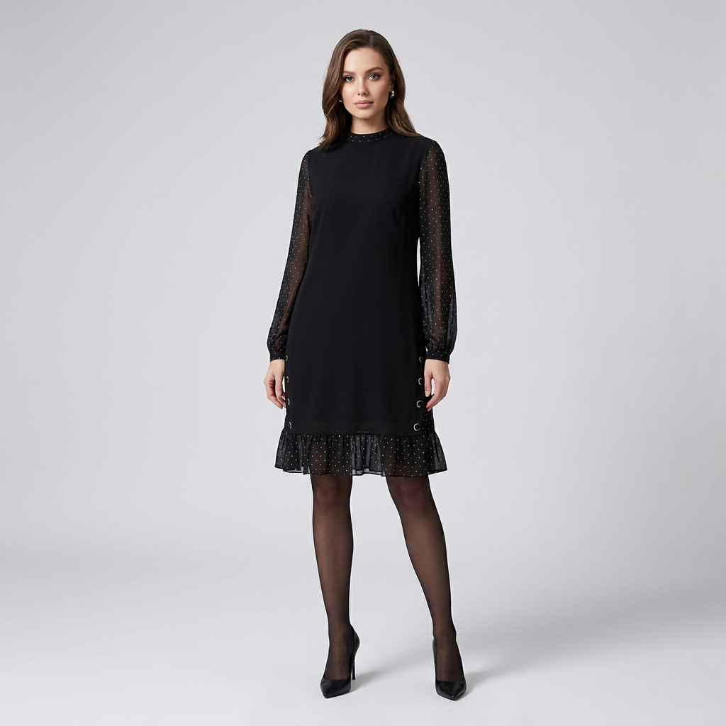Black midi shift dress with long sheer polka-dot sleeves and layered ruffle hem