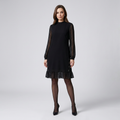 Black midi shift dress with long sheer polka-dot sleeves and layered ruffle hem