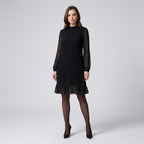 Black midi shift dress with long sheer polka-dot sleeves and layered ruffle hem