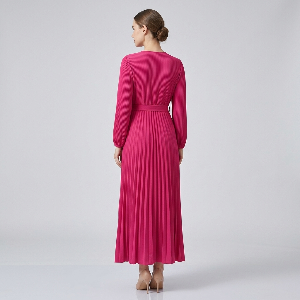 Women's hot pink long-sleeve pleated wrap maxi dress, back view with waist tie