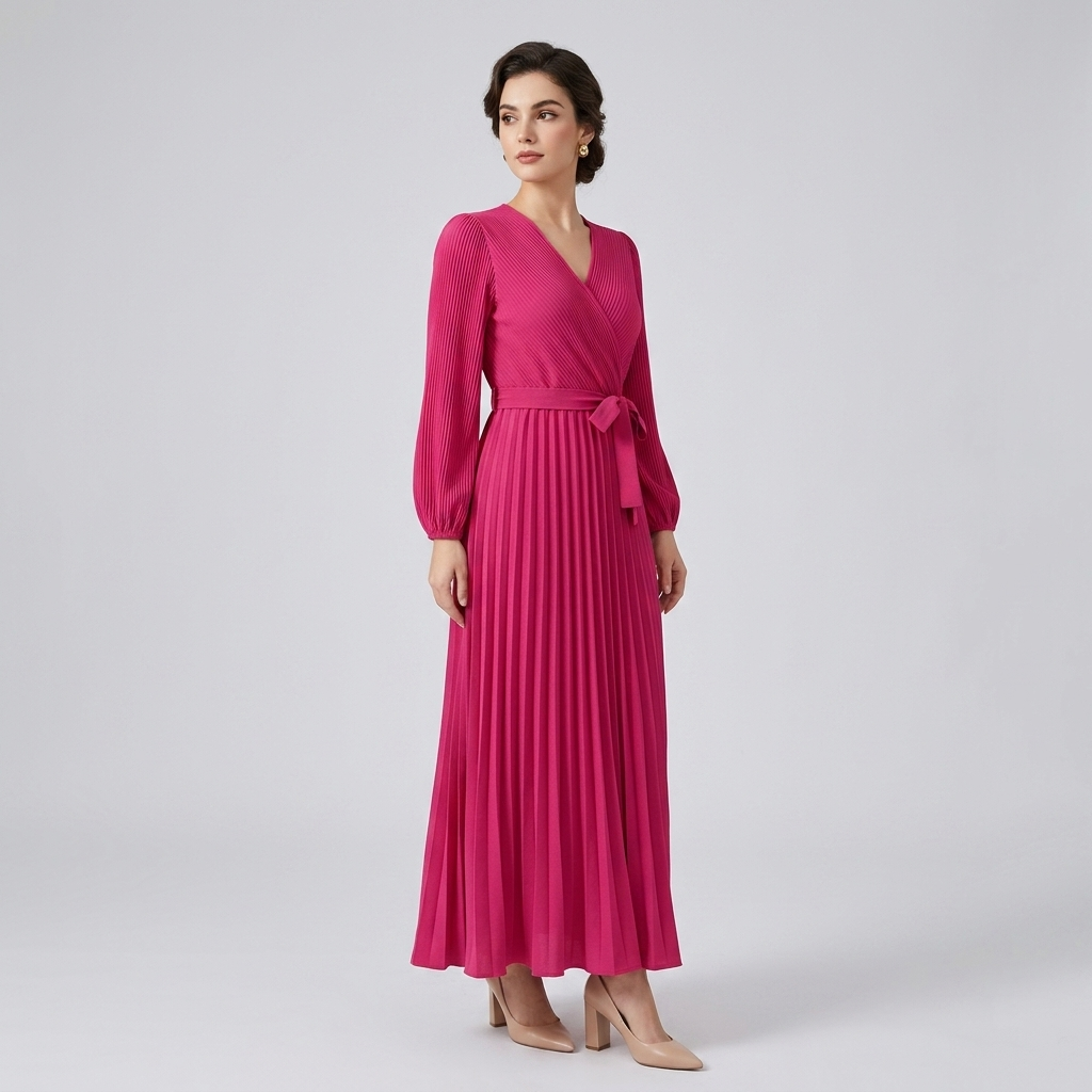 Women's hot pink long-sleeve pleated wrap maxi dress with waist tie, side view