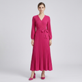 Women's hot pink long-sleeve pleated wrap maxi dress with waist tie