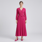 Women's hot pink long-sleeve pleated wrap maxi dress with waist tie