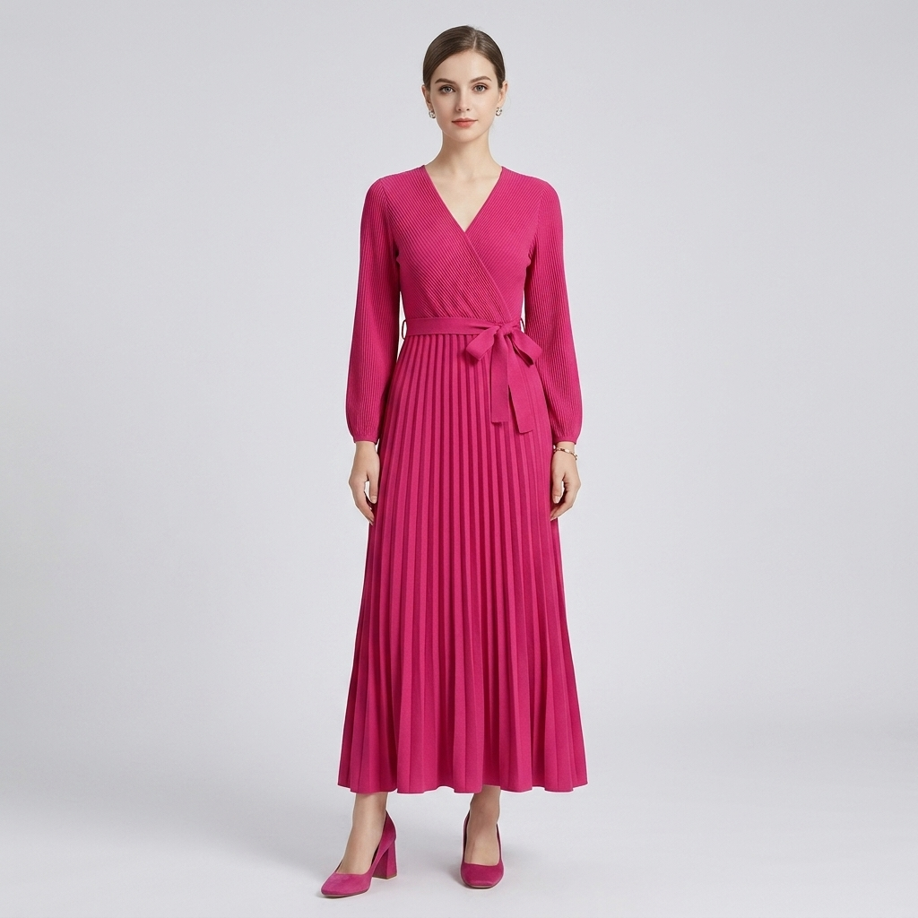 Women's hot pink long-sleeve pleated wrap maxi dress with waist tie