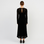 Black sheer knit maxi dress with open back and long sleeves