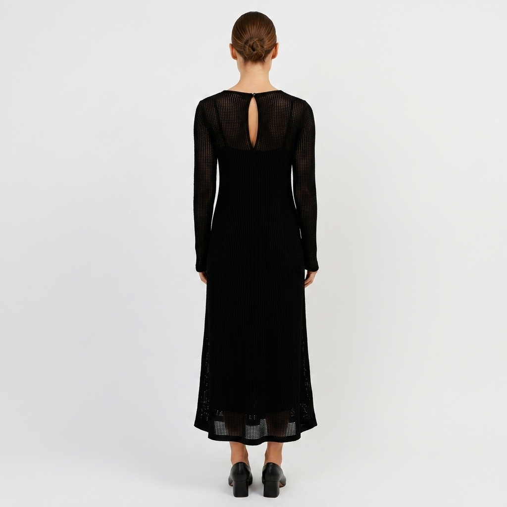 Black sheer knit maxi dress with open back and long sleeves