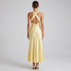 Women’s yellow sleeveless maxi dress, low back with X straps