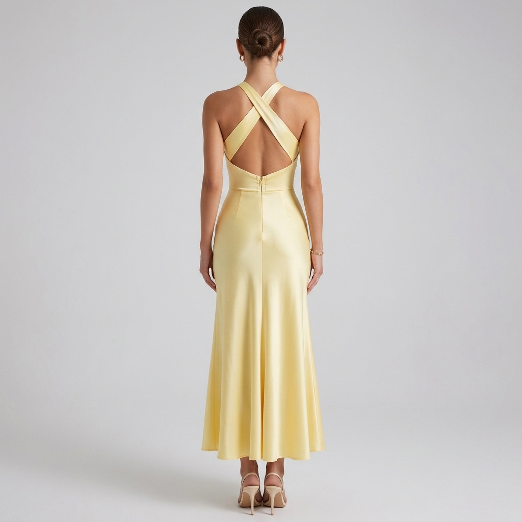 Women’s yellow sleeveless maxi dress, low back with X straps